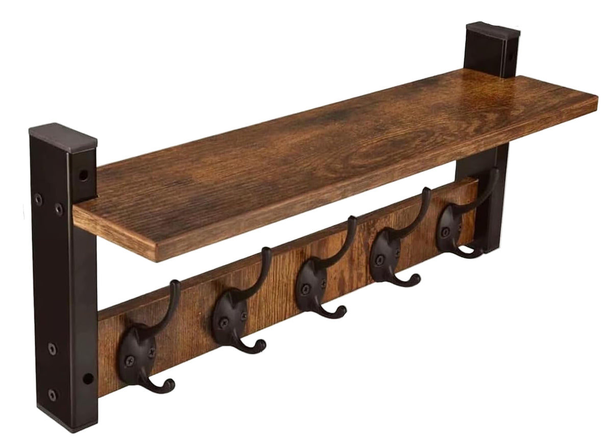 Coat Hangers Rustic Wall Rack with Shelf | 5-Hook