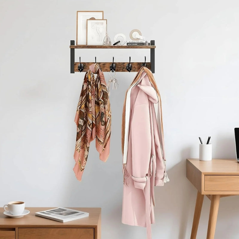 Coat Hangers Rustic Wall Rack with Shelf | 5-Hook