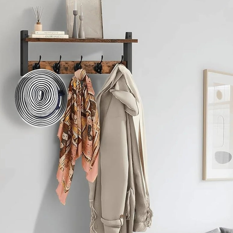 Coat Hangers Rustic Wall Rack with Shelf | 5-Hook