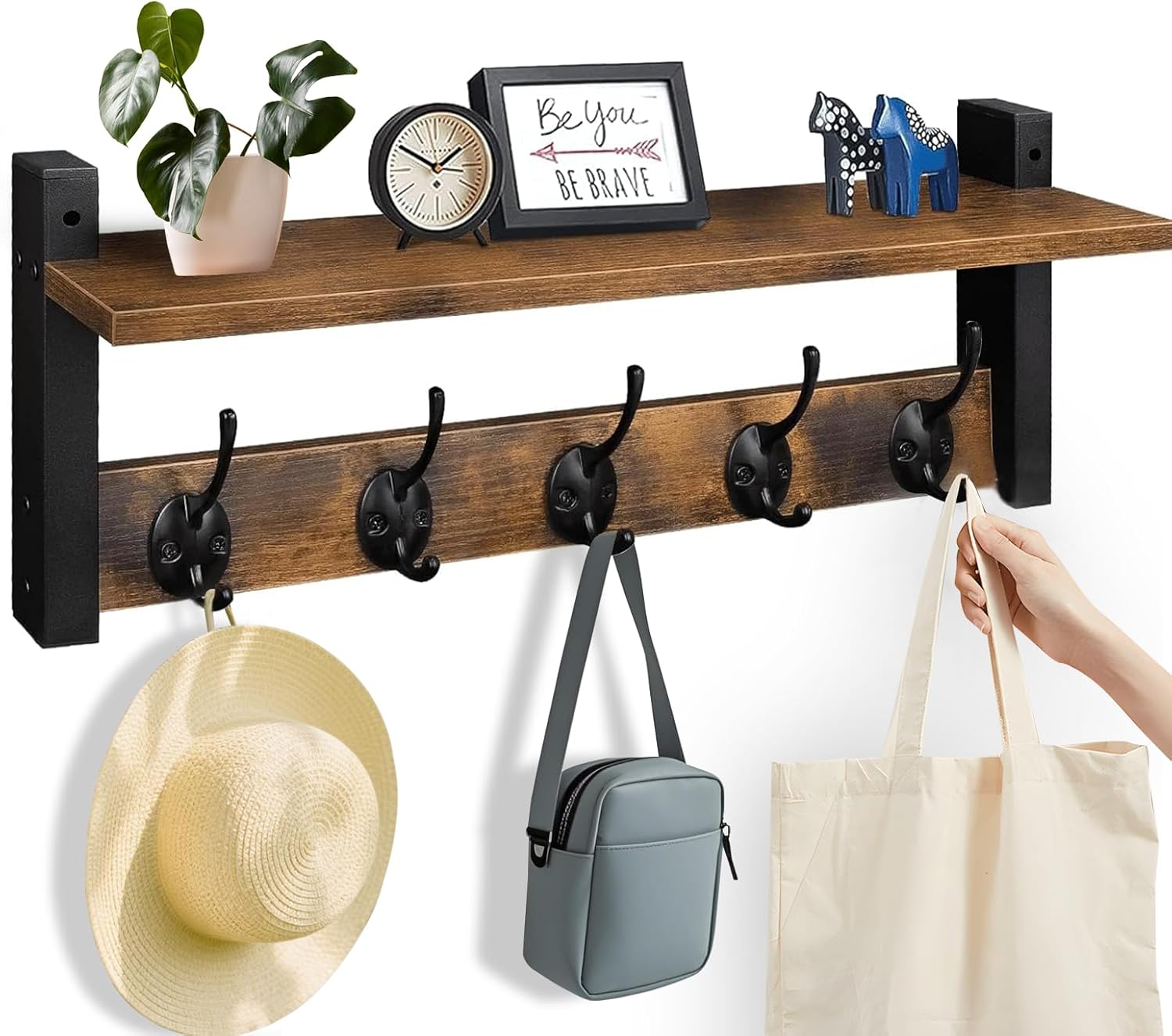 Coat Hangers Rustic Wall Rack with Shelf | 5-Hook