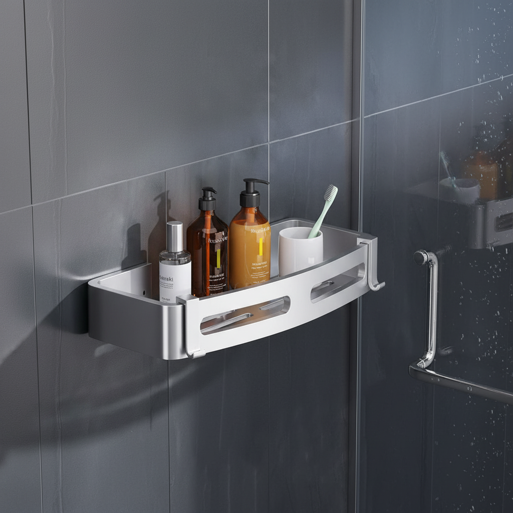 Floating Shelves Shower Caddy with Hooks | No-Drill