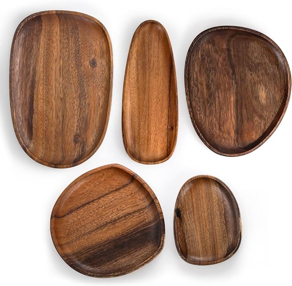 Kitchen Serving Acacia Wood Plates Irregular | Set of 5