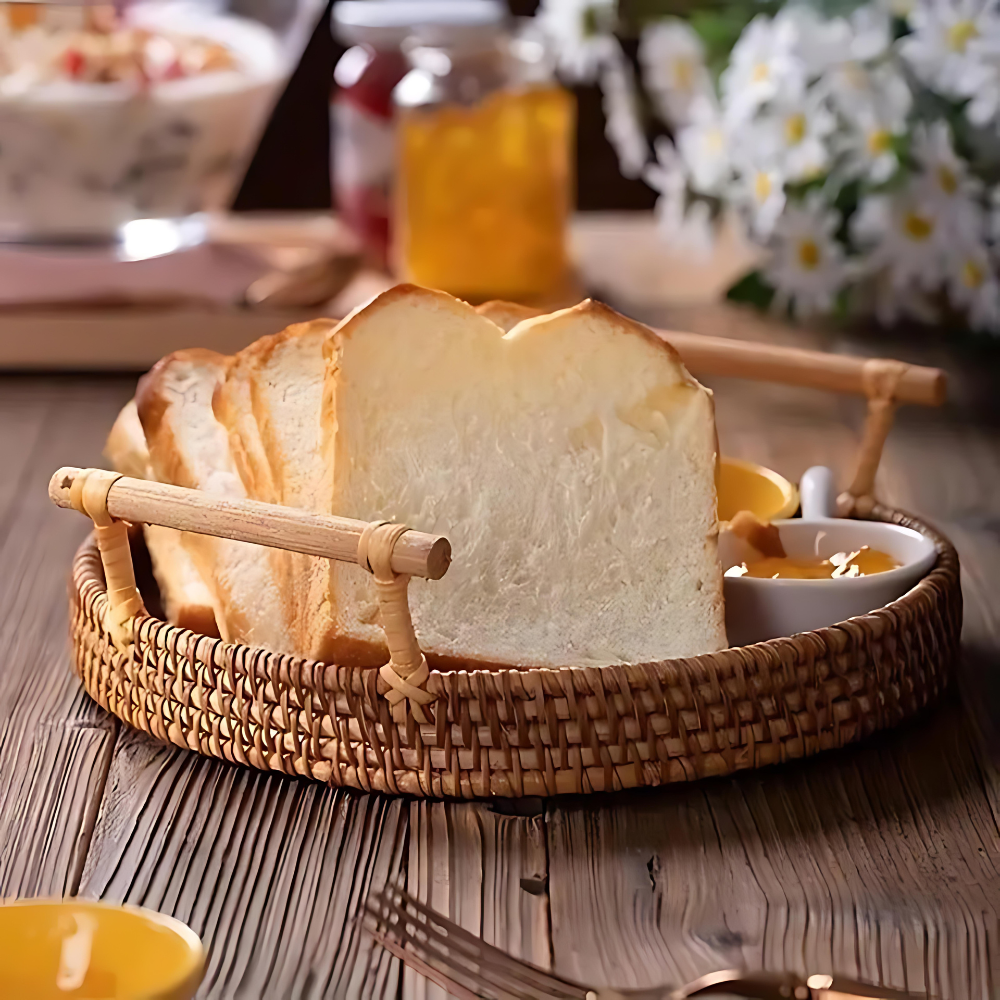 Kitchen Serving Rattan Woven Tray with Wood Handles | Bread