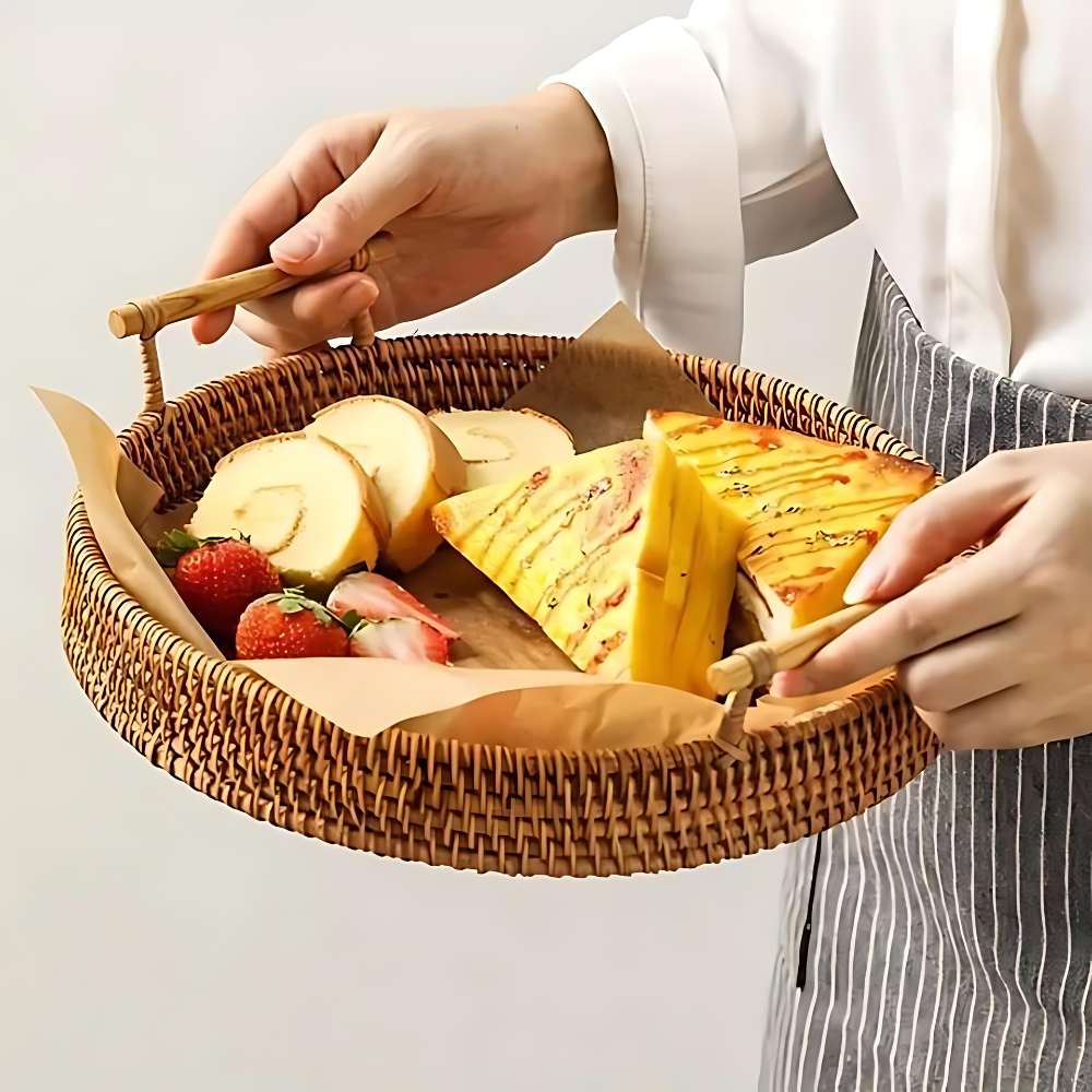 Kitchen Serving Rattan Woven Tray with Wood Handles | Bread