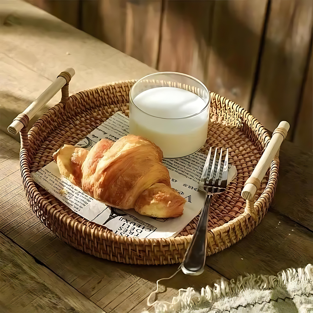 Kitchen Serving Rattan Woven Tray with Wood Handles | Bread
