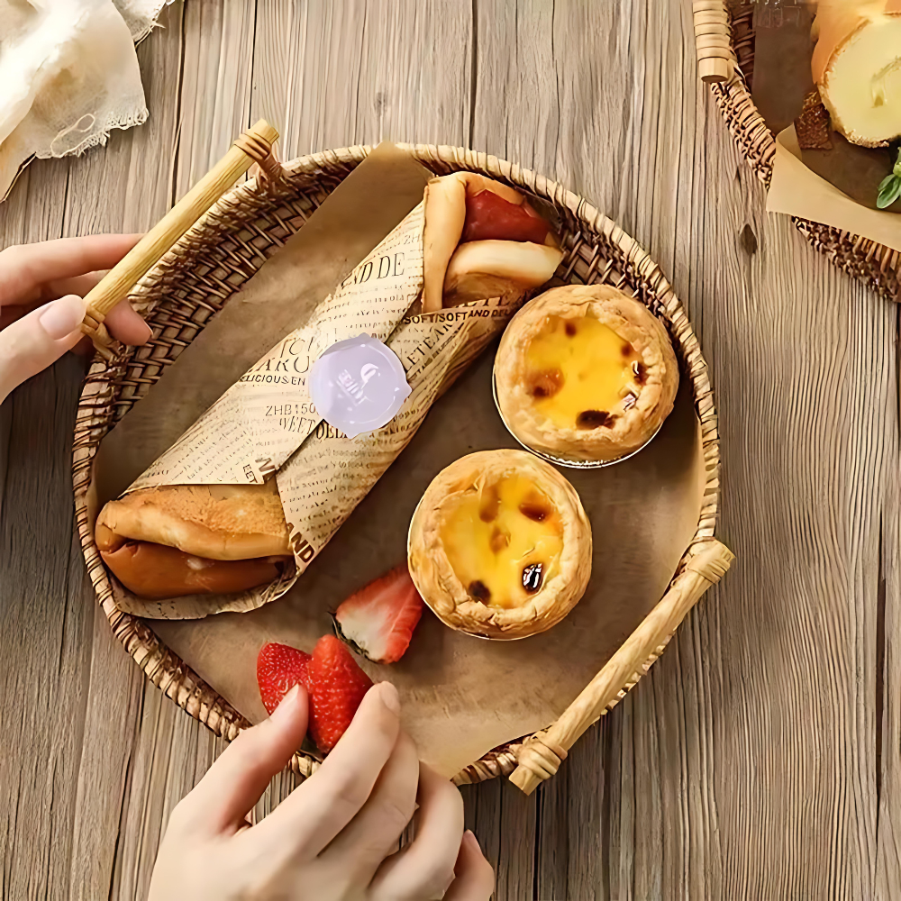 Kitchen Serving Rattan Woven Tray with Wood Handles | Bread