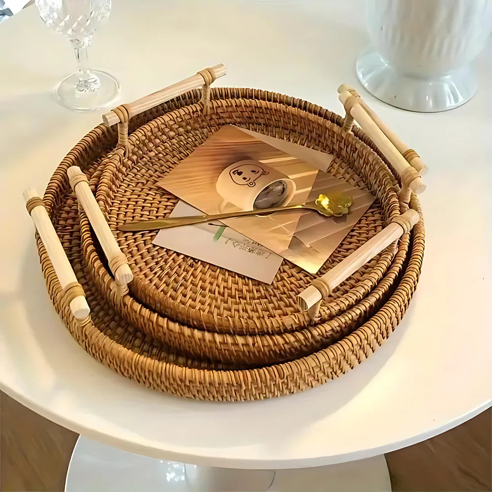 Kitchen Serving Rattan Woven Tray with Wood Handles | Bread