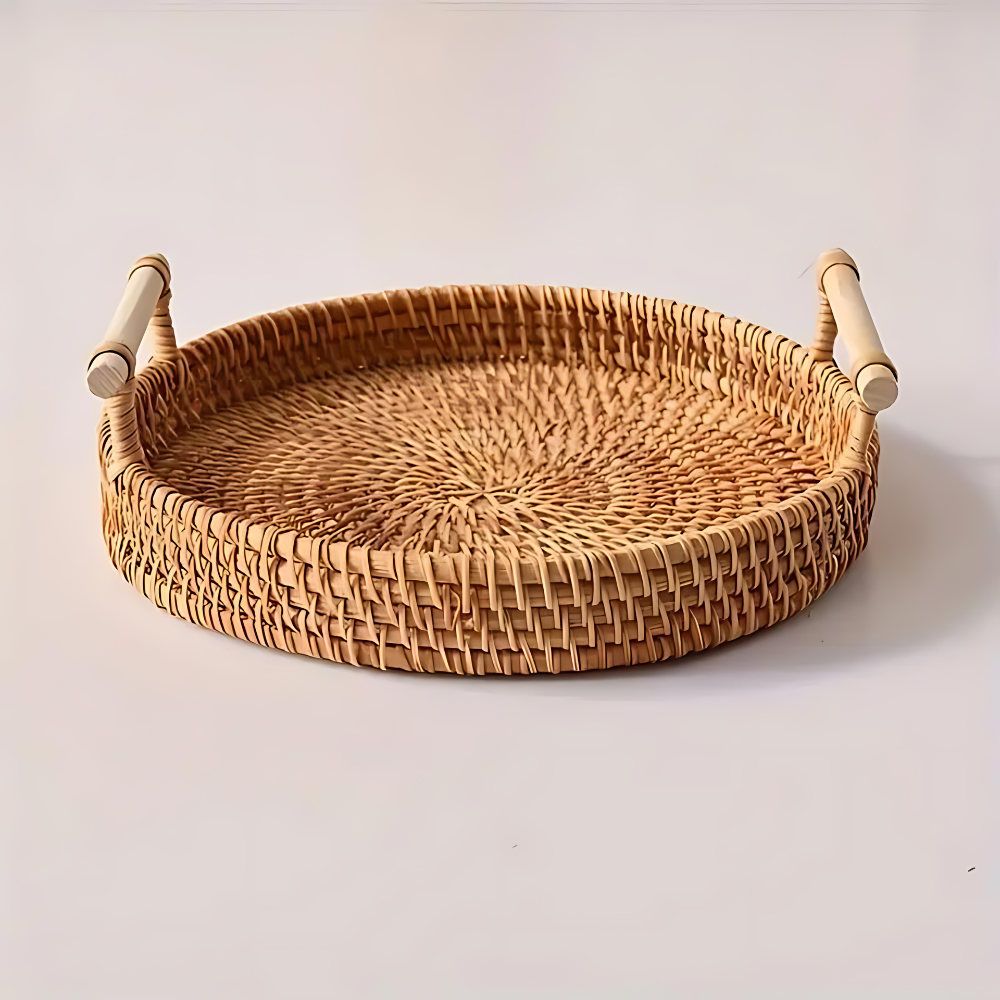 Kitchen Serving Rattan Woven Tray with Wood Handles | Bread