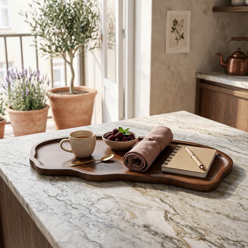 Kitchen Serving Wood Tray with Raised Rim | Curved