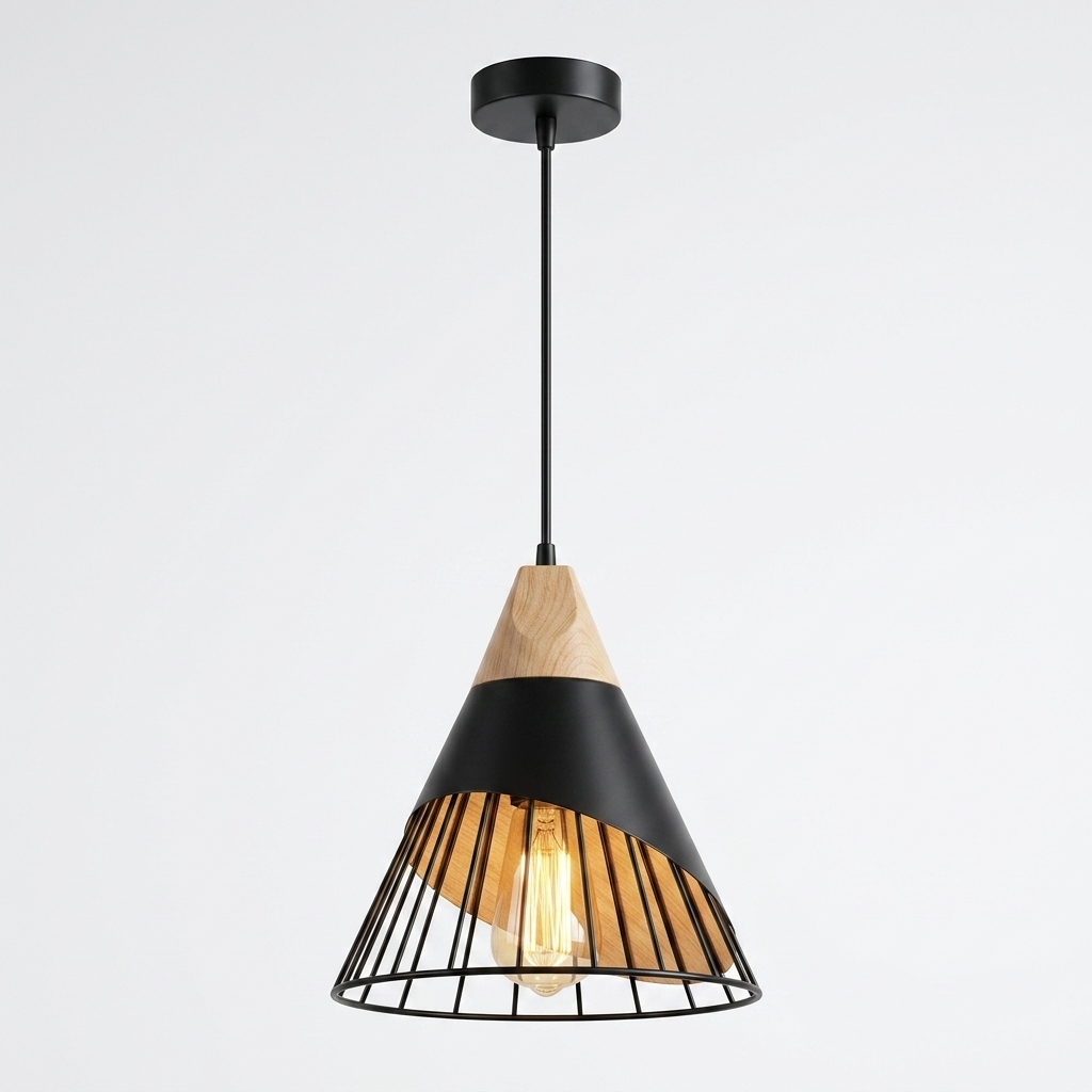 Pendant Light Cone Cage with Wood Top | Kitchen