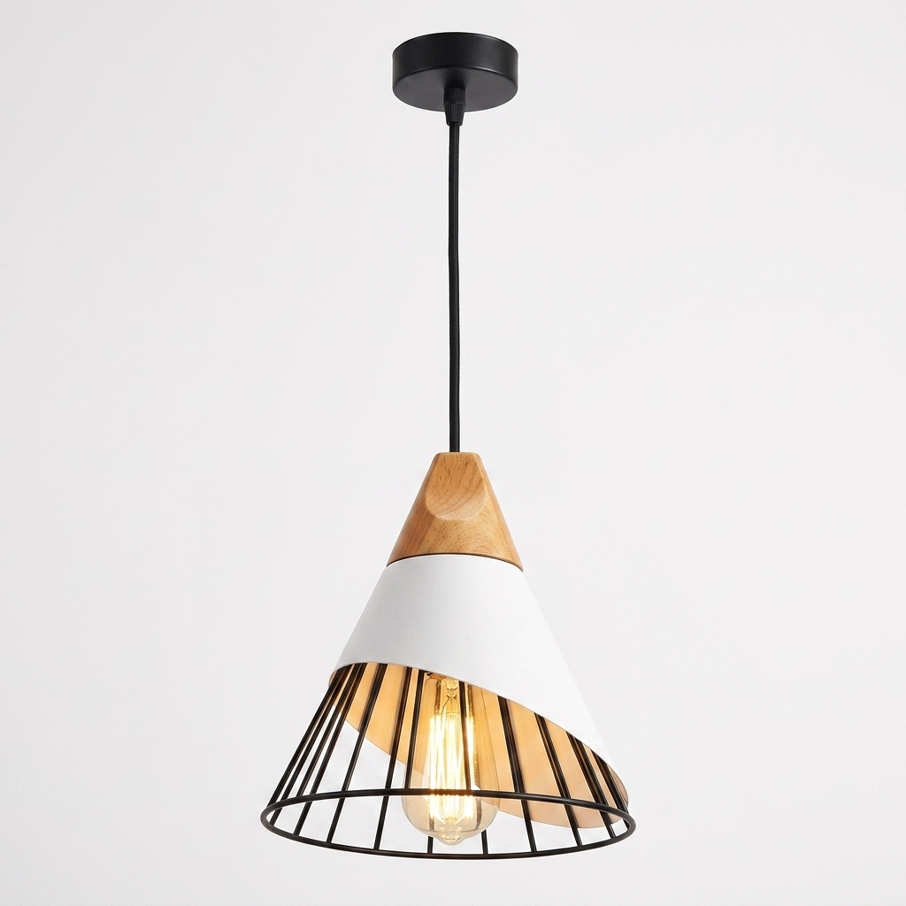 Pendant Light Cone Cage with Wood Top | Kitchen
