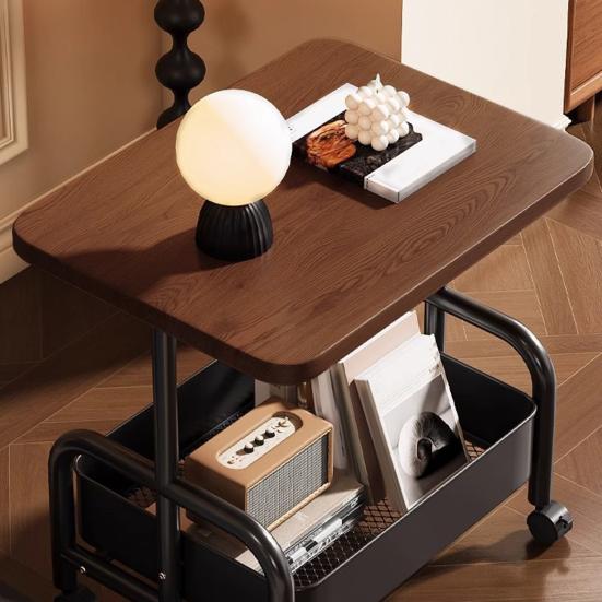 Side Table Rolling with Storage Basket for Living Room | Wood