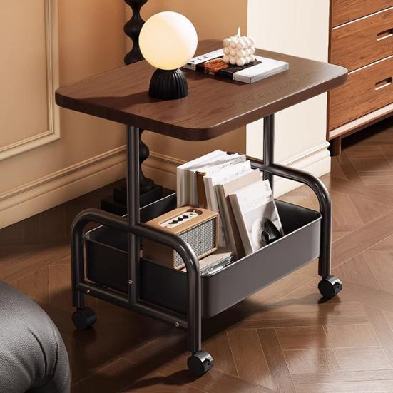 Side Table Rolling with Storage Basket for Living Room | Wood