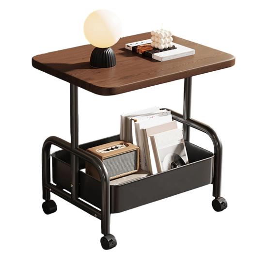 Side Table Rolling with Storage Basket for Living Room | Wood