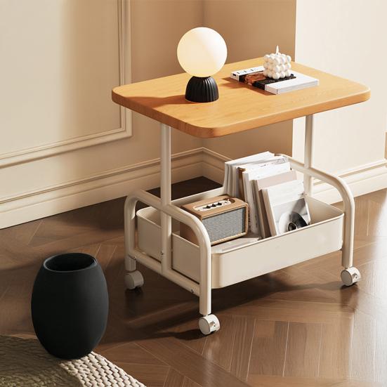 Side Table Rolling with Storage Basket for Living Room | Wood
