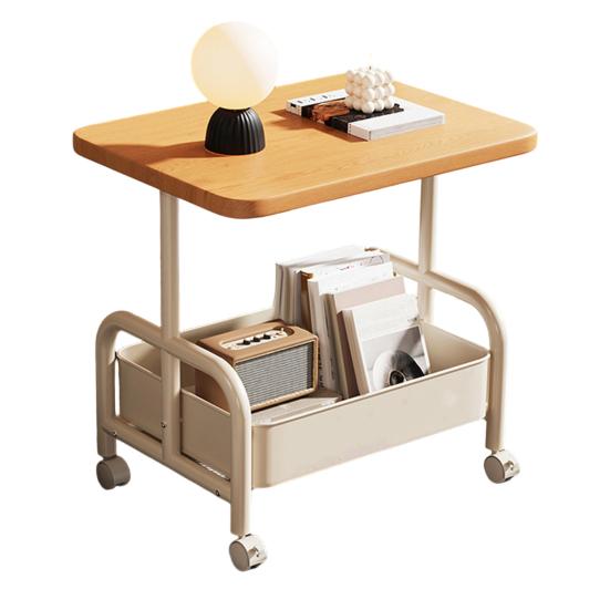 Side Table Rolling with Storage Basket for Living Room | Wood