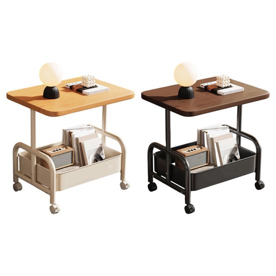 Side Table Rolling with Storage Basket for Living Room | Wood