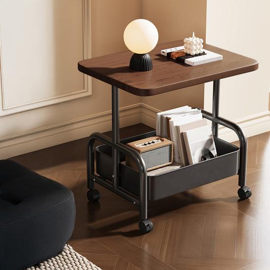 Side Table Rolling with Storage Basket for Living Room | Wood