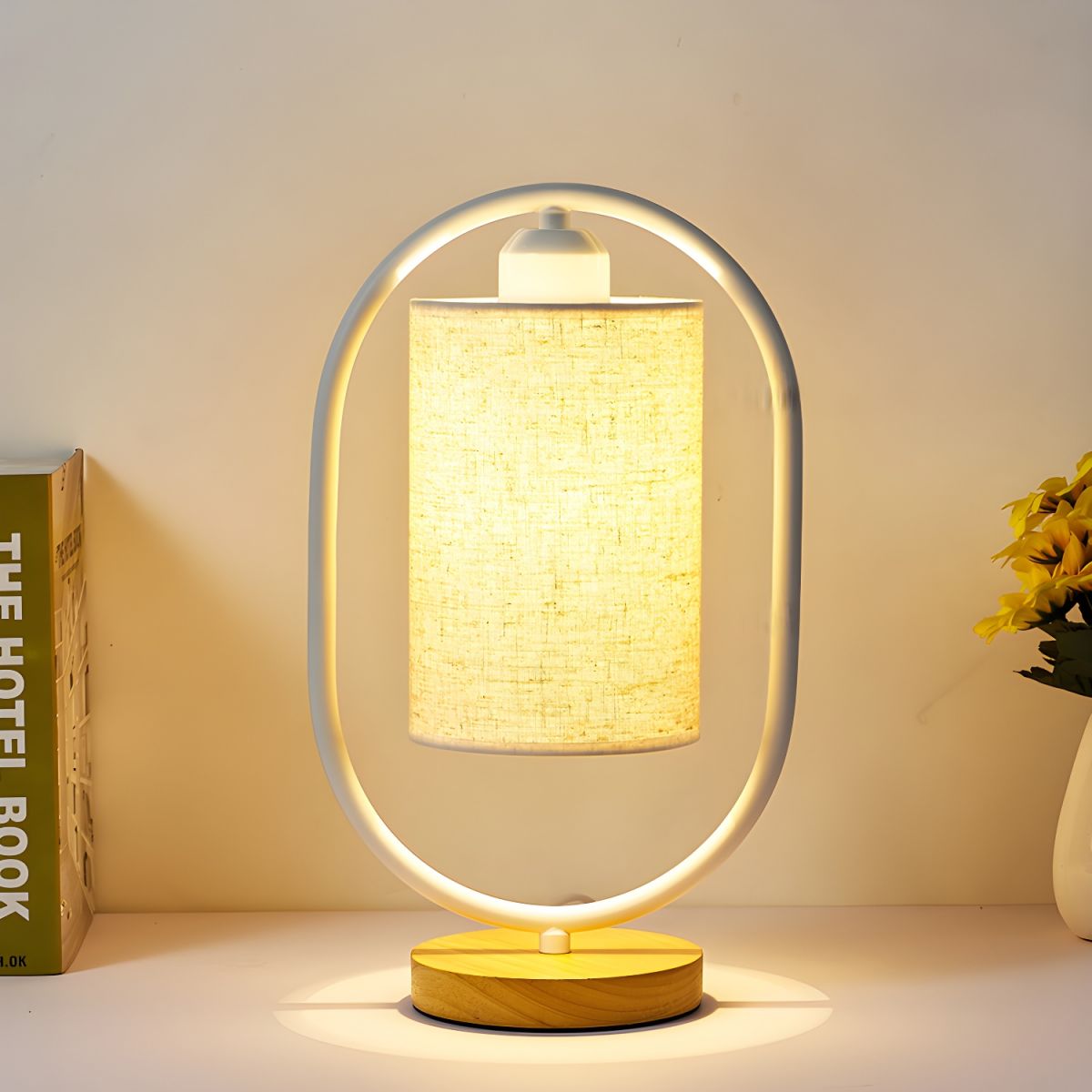 Table Lamp Oval Frame with Cloth Shade & Wooden Base | Bedside