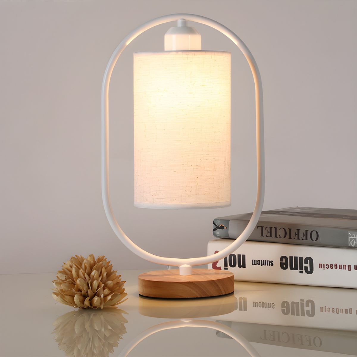 Table Lamp Oval Frame with Cloth Shade & Wooden Base | Bedside