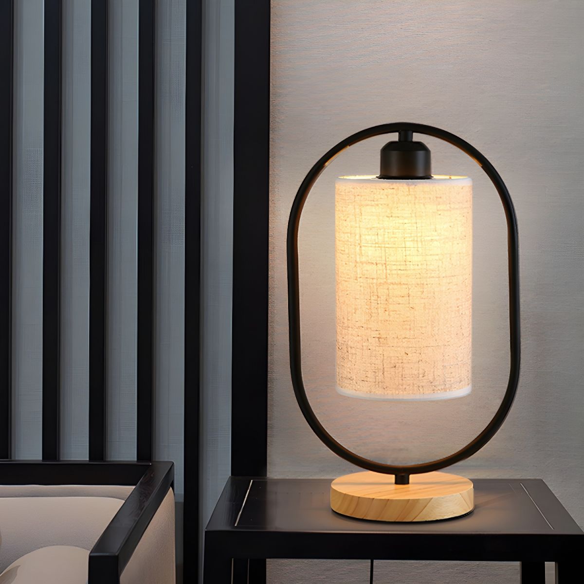 Table Lamp Oval Frame with Cloth Shade & Wooden Base | Bedside