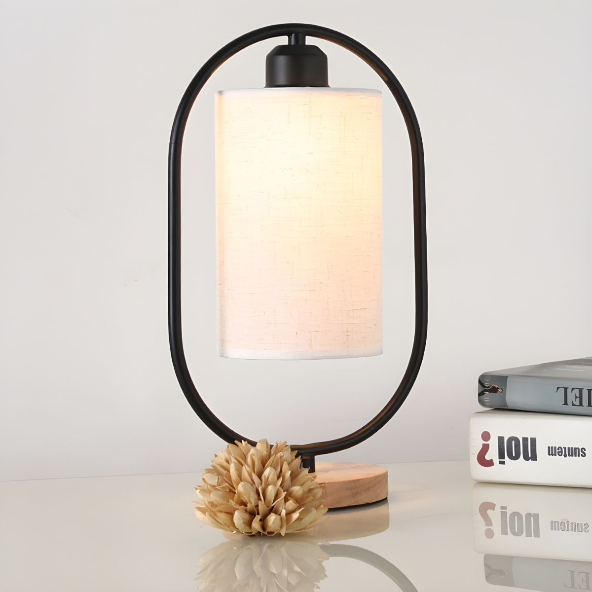 Table Lamp Oval Frame with Cloth Shade & Wooden Base | Bedside