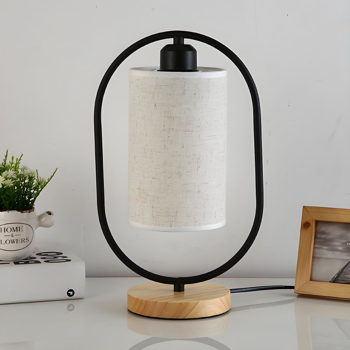 Table Lamp Oval Frame with Cloth Shade & Wooden Base | Bedside