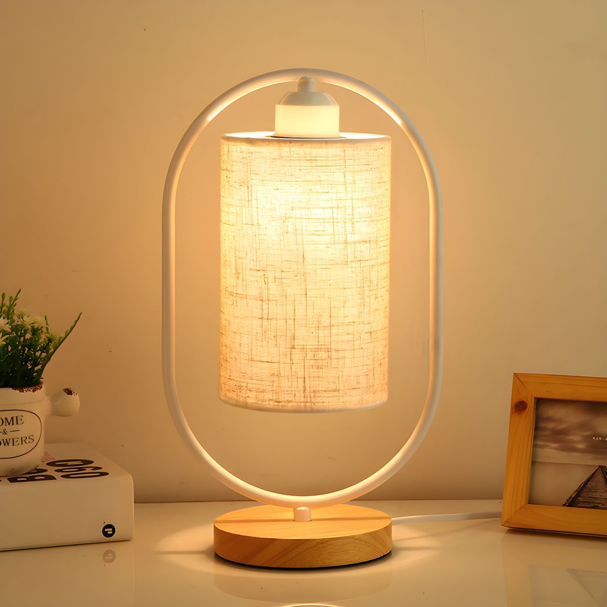 Table Lamp Oval Frame with Cloth Shade & Wooden Base | Bedside