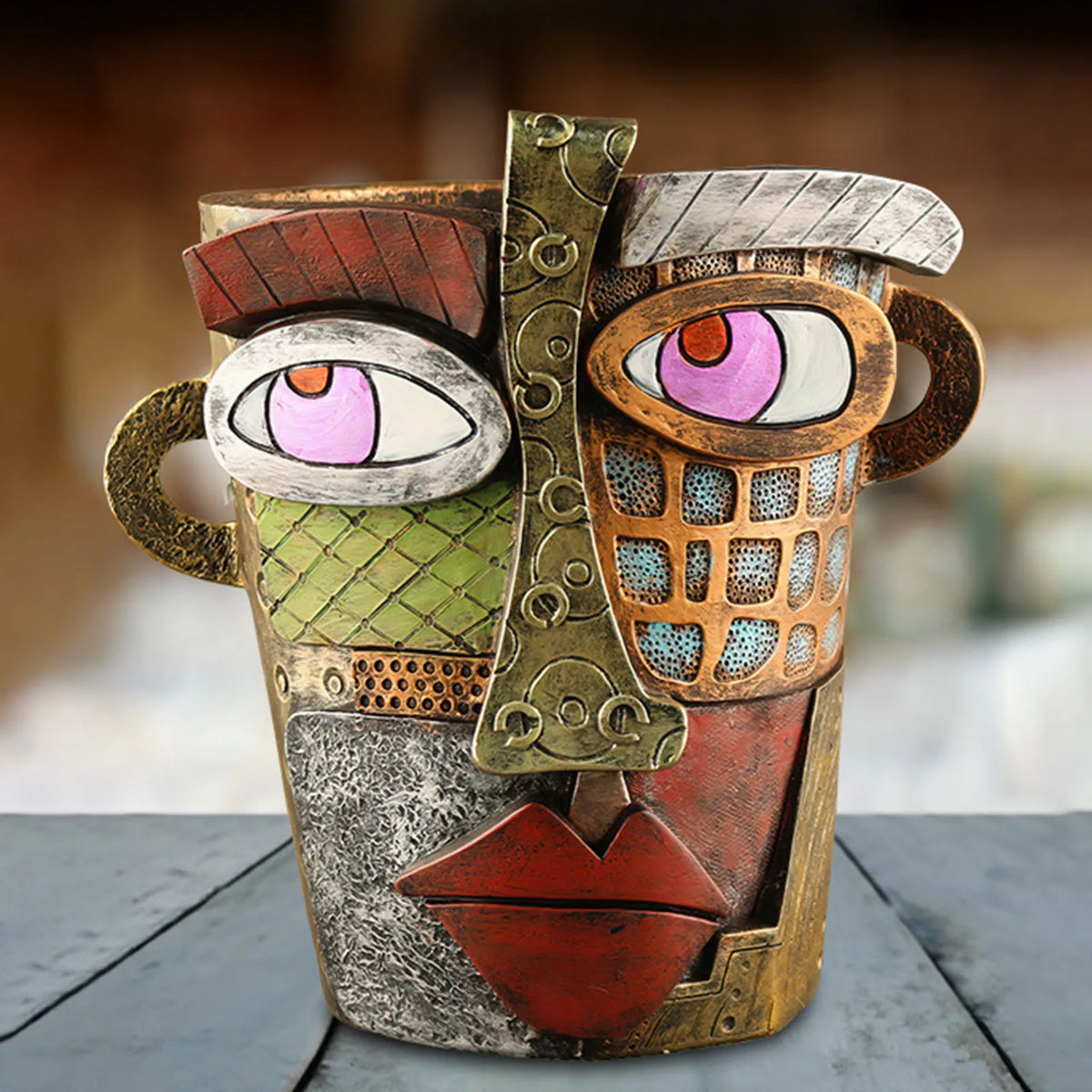 Vase Face Design Abstract with Textured Patchwork | Planter