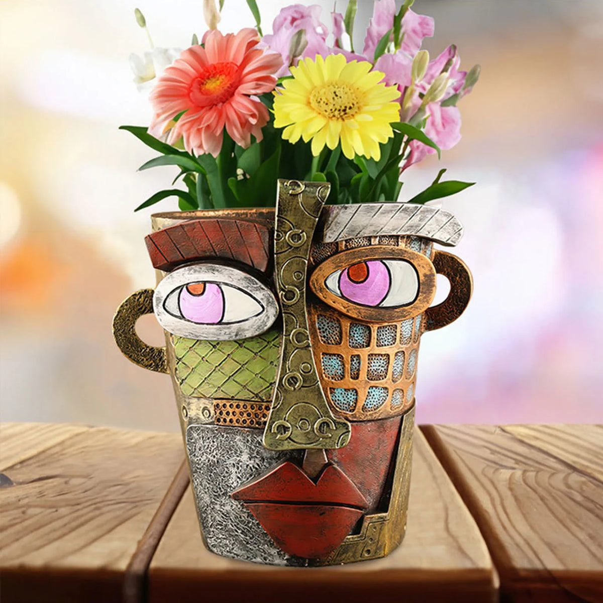 Vase Face Design Abstract with Textured Patchwork | Planter