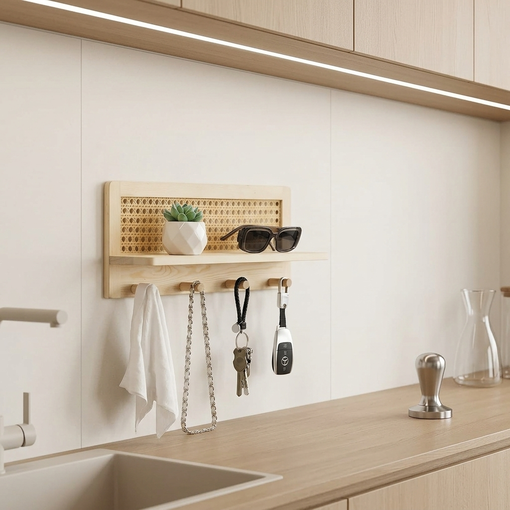 Wall Hooks with Rattan Shelf | Wood Entryway