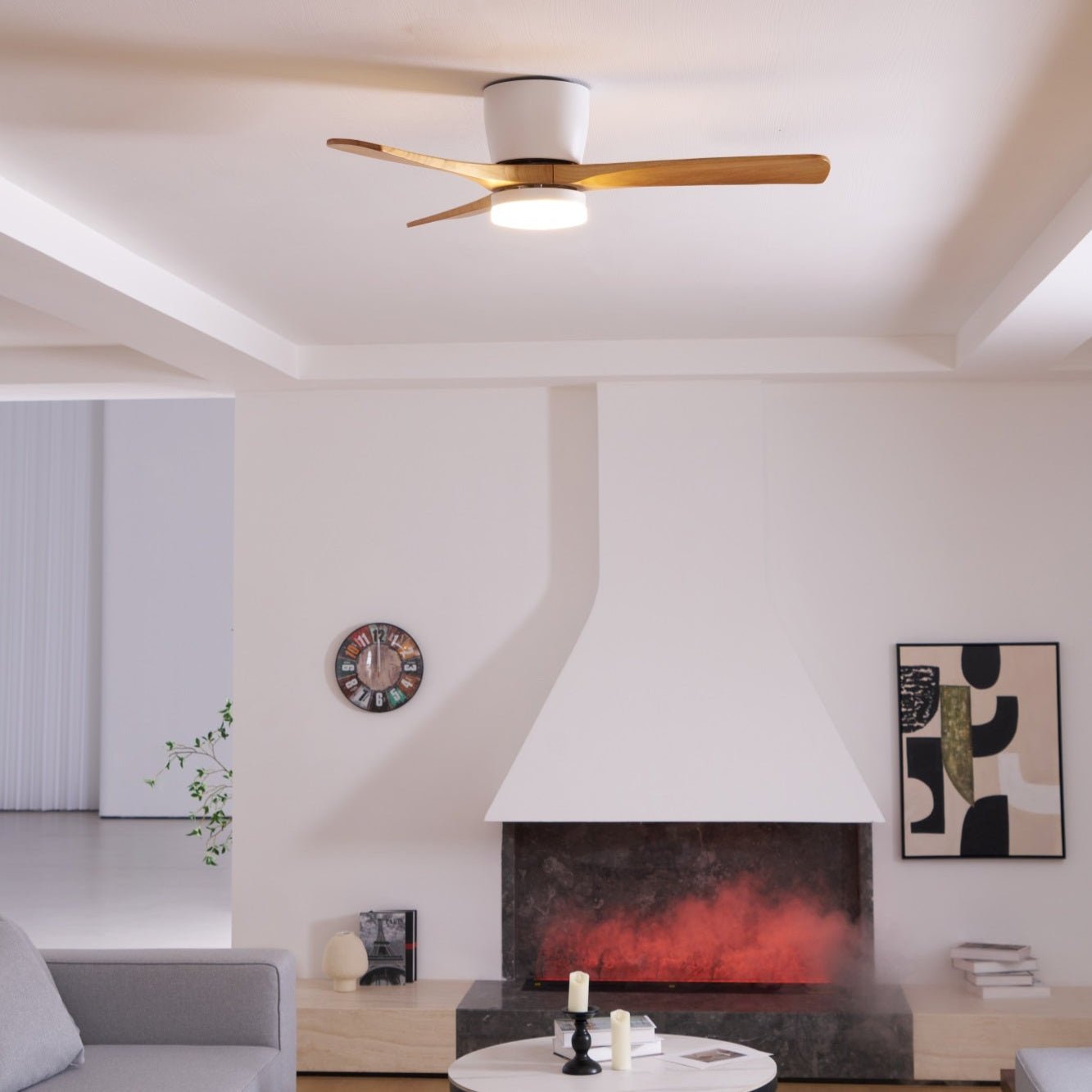 Ceiling Fan with Light 3-Blade Wood Remote | Flush Mount