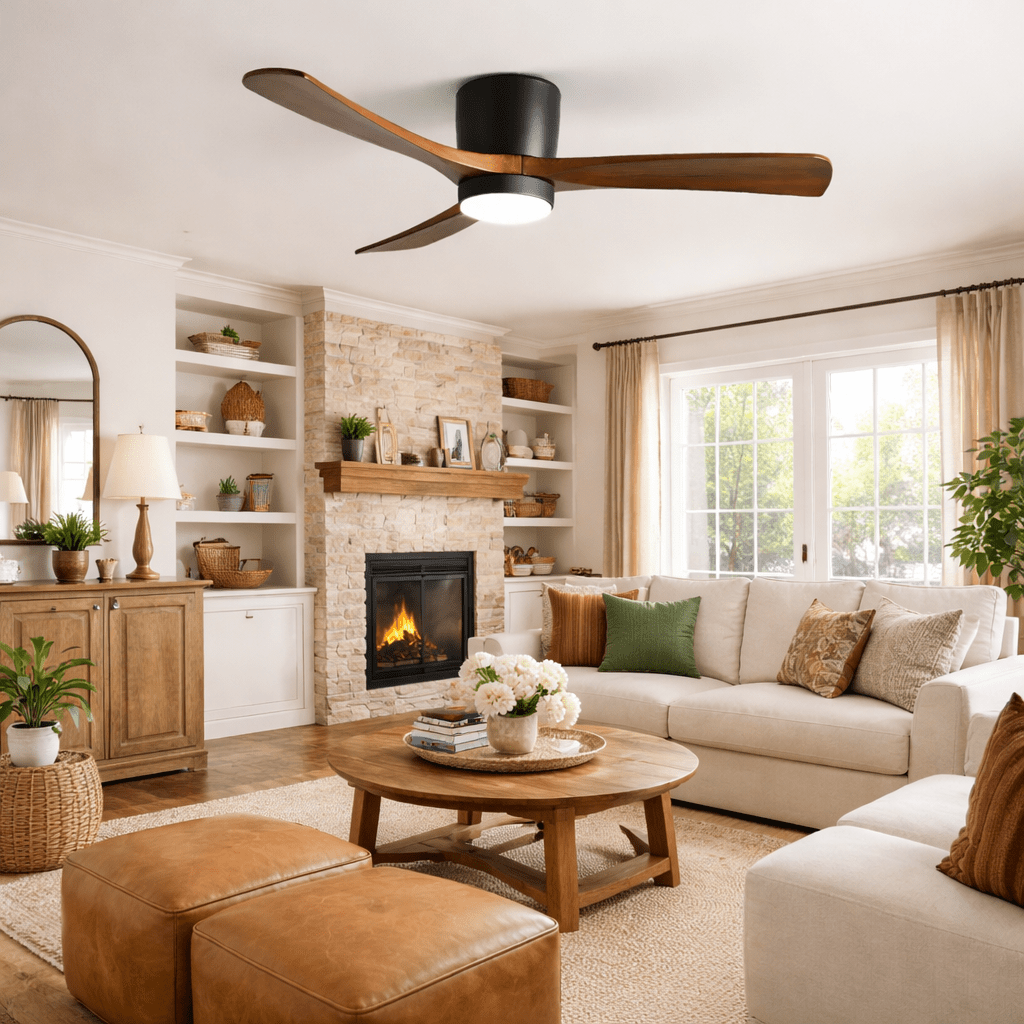 Ceiling Fan with Light 3-Blade Wood Remote | Flush Mount