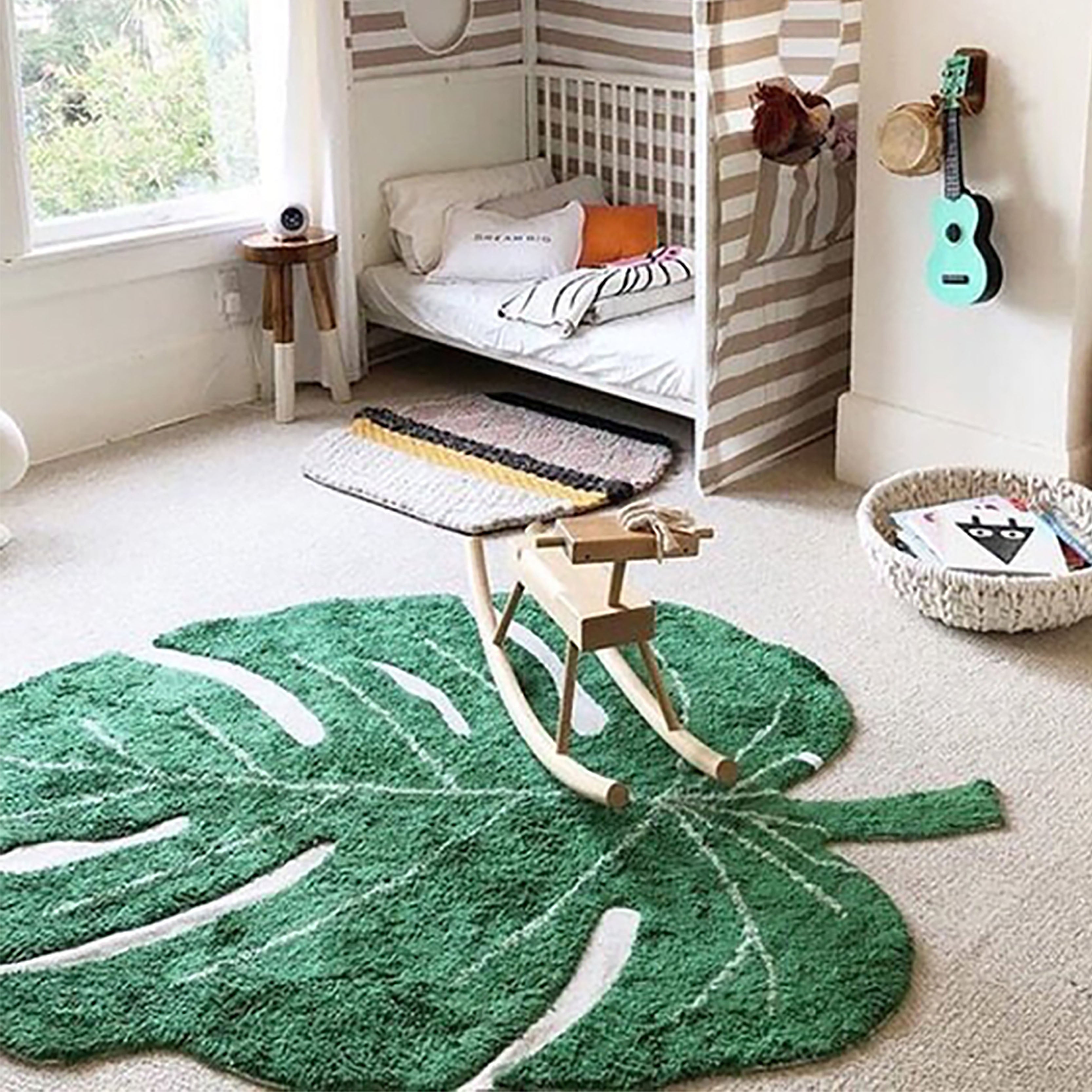 Rug Leaf Shape Green Bedroom | Fluffy