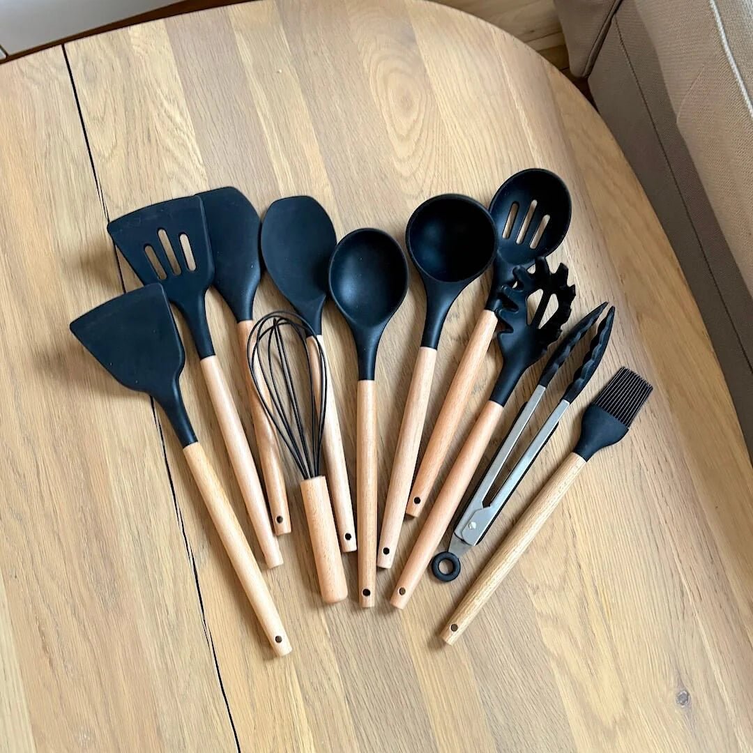 Silicone Cooking Utensil Set with Wooden Handles | BPA Free