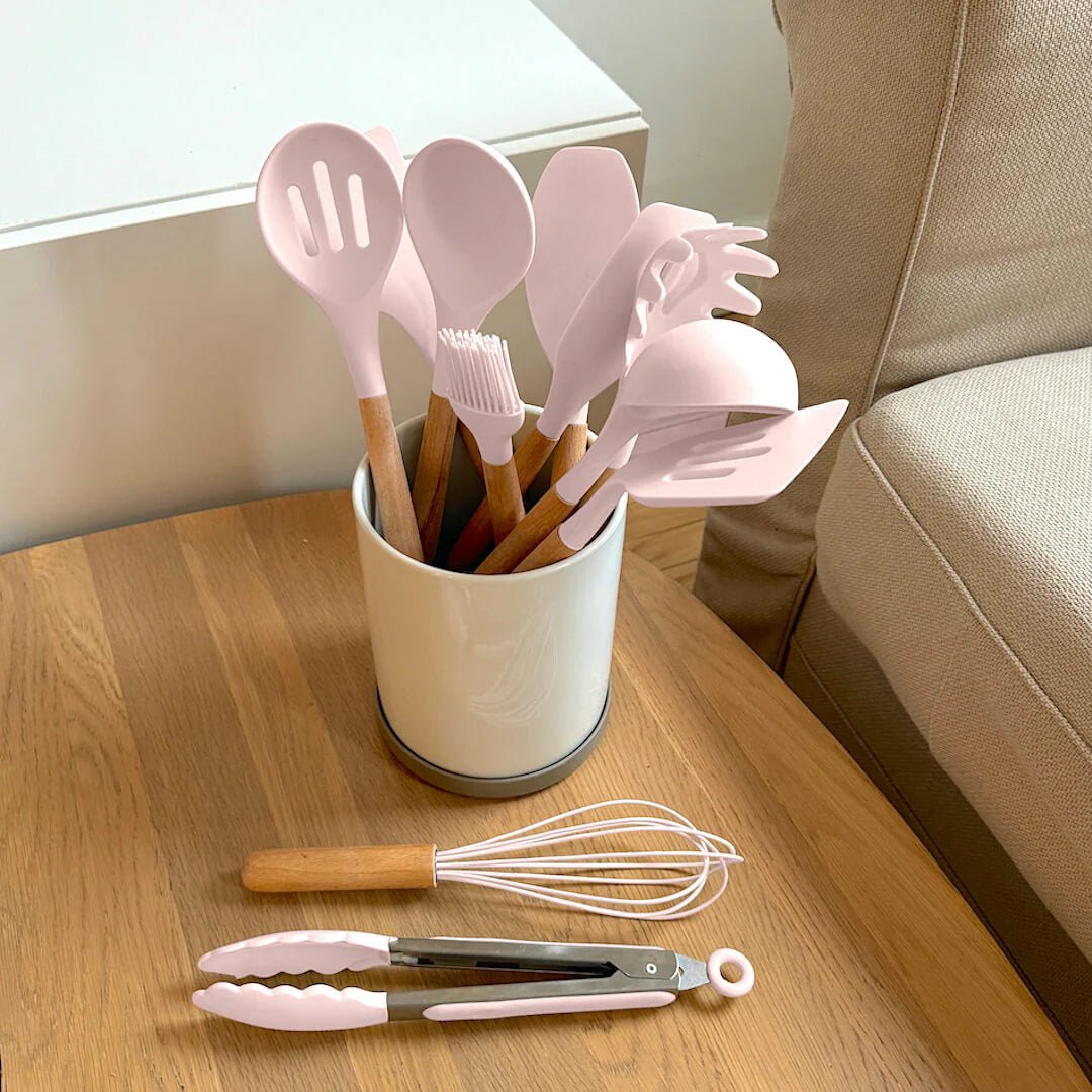 Silicone Cooking Utensil Set with Wooden Handles | BPA Free
