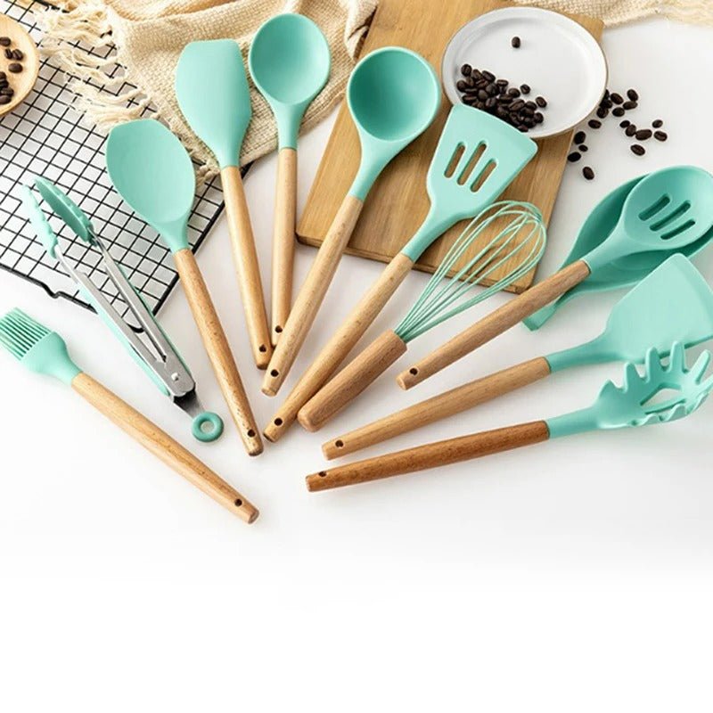 Silicone Cooking Utensil Set with Wooden Handles | BPA Free