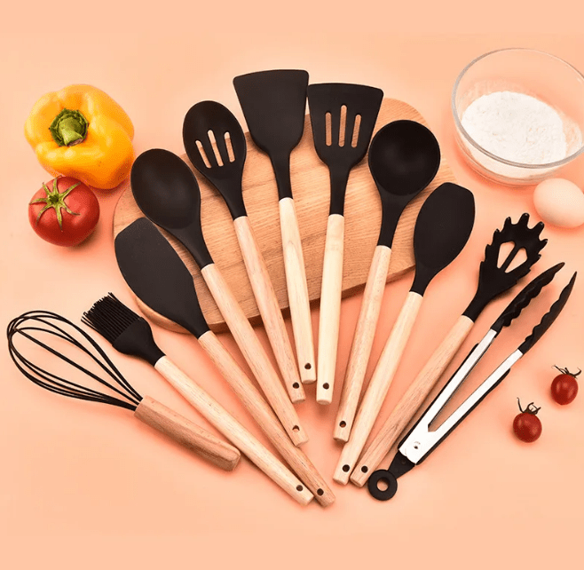 Silicone Cooking Utensil Set with Wooden Handles | BPA Free