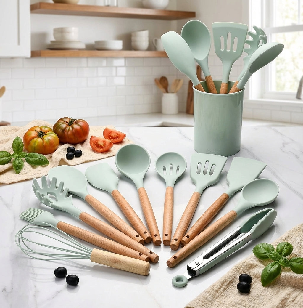 Silicone Cooking Utensil Set with Wooden Handles | BPA Free