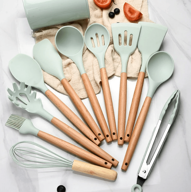 Silicone Cooking Utensil Set with Wooden Handles | BPA Free