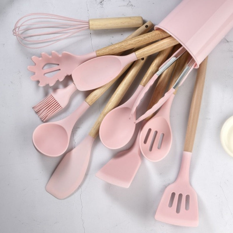 Silicone Cooking Utensil Set with Wooden Handles | BPA Free