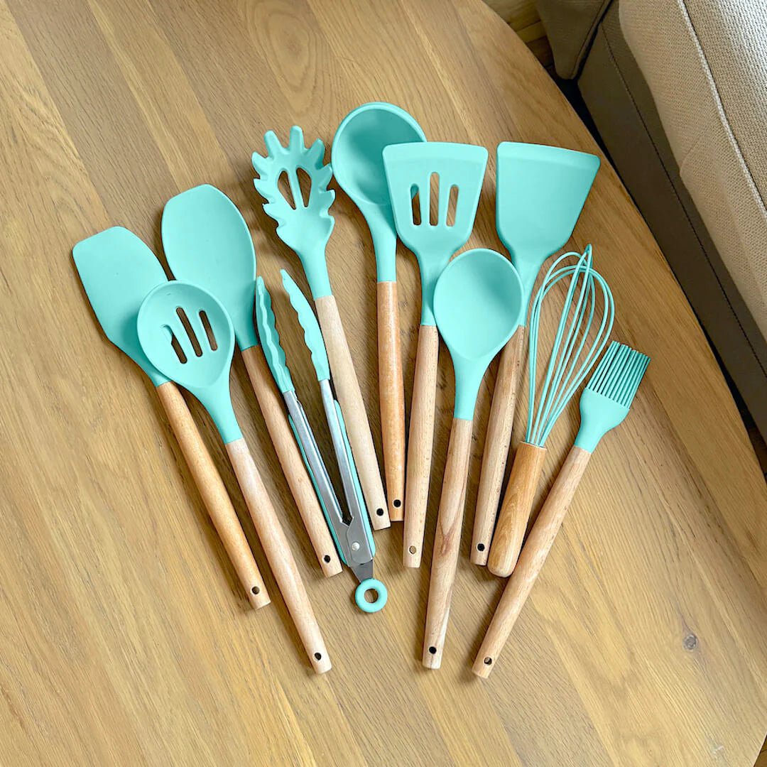 Silicone Cooking Utensil Set with Wooden Handles | BPA Free
