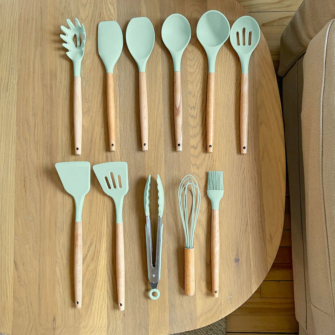 Silicone Cooking Utensil Set with Wooden Handles | BPA Free