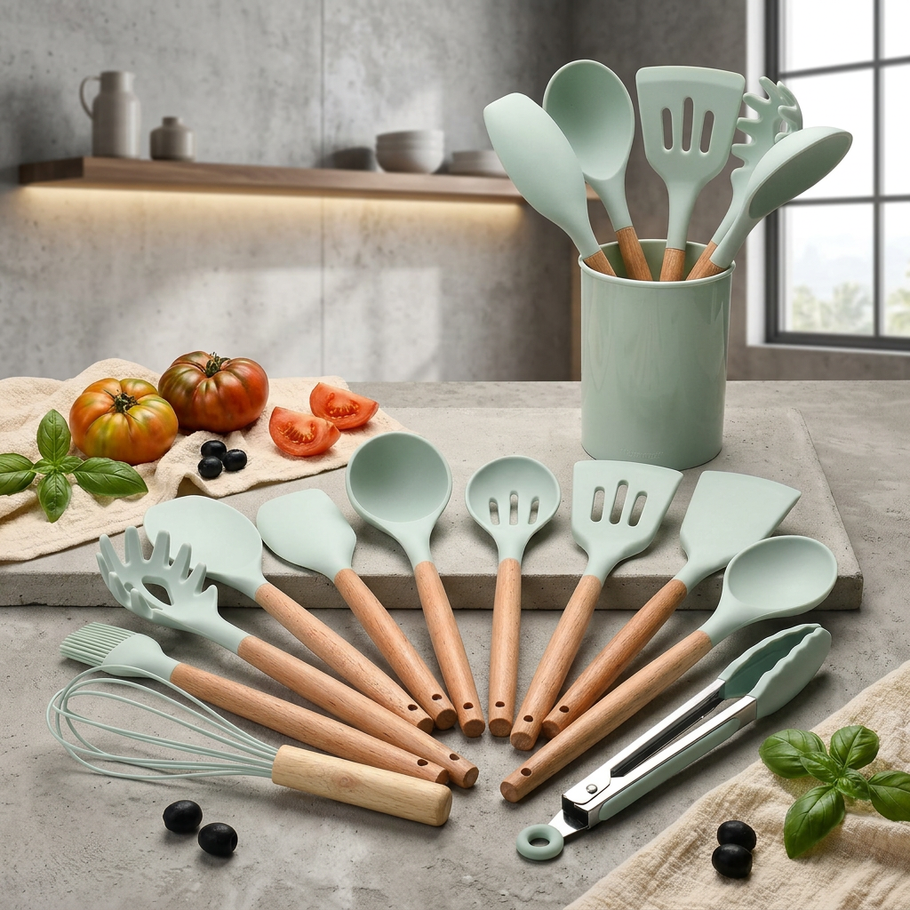 Silicone Cooking Utensil Set with Wooden Handles | BPA Free