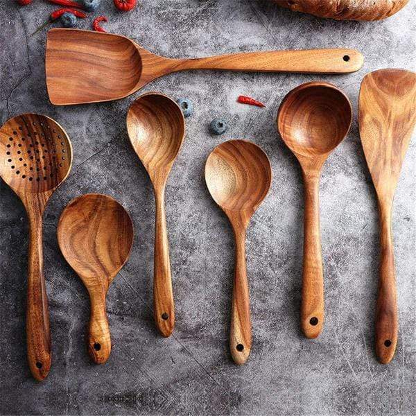 Teak Wood Cooking Spoon Set | 7-Piece Non-Stick