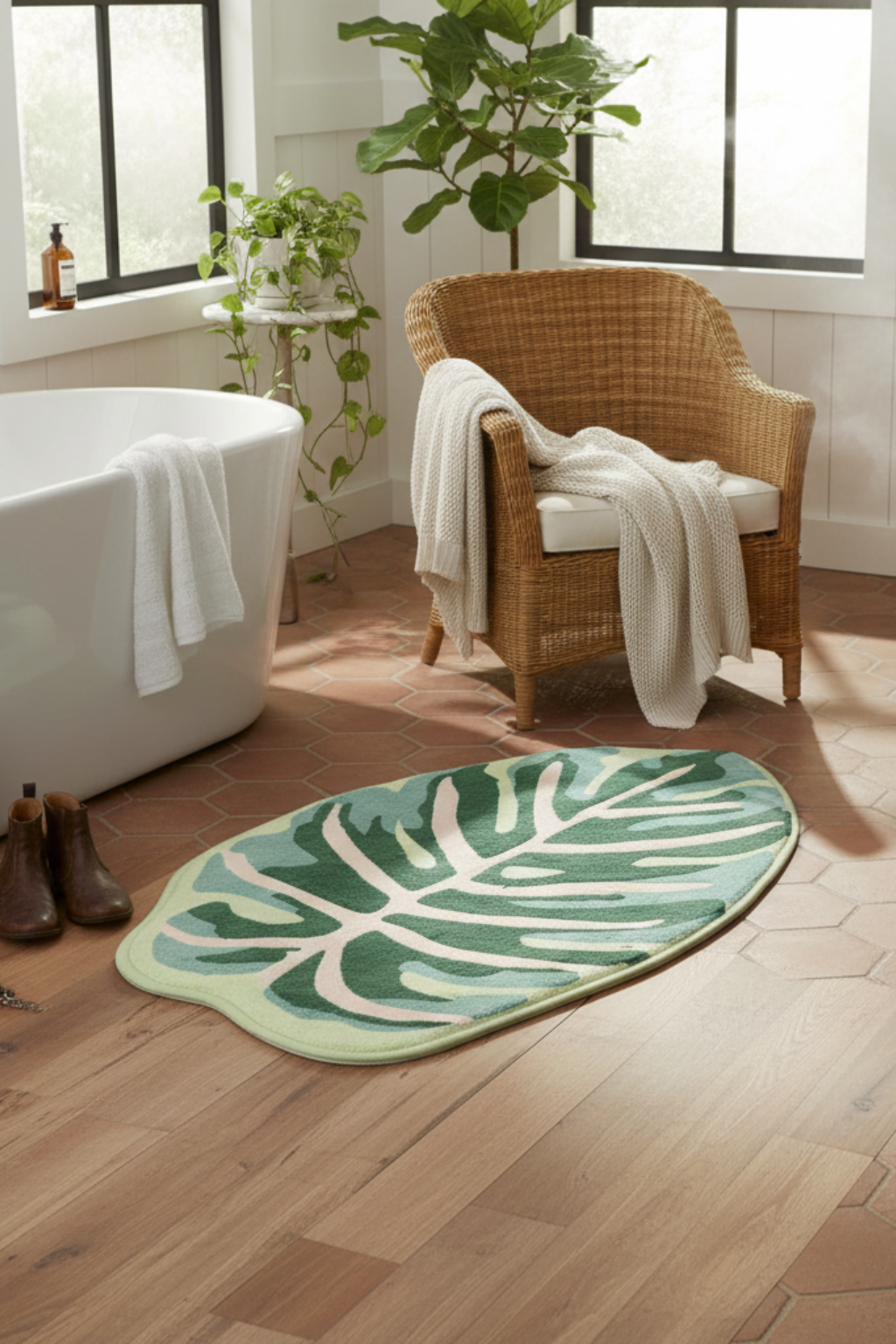 Washable Botanical Rug | Leaf Shape Bathroom Accent