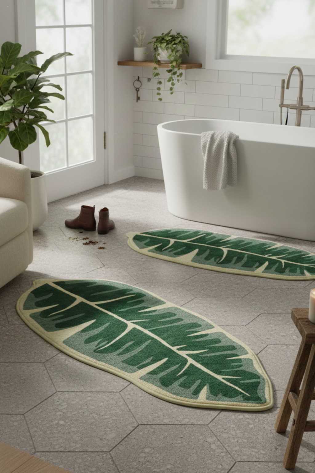 Washable Botanical Rug | Leaf Shape Bathroom Accent