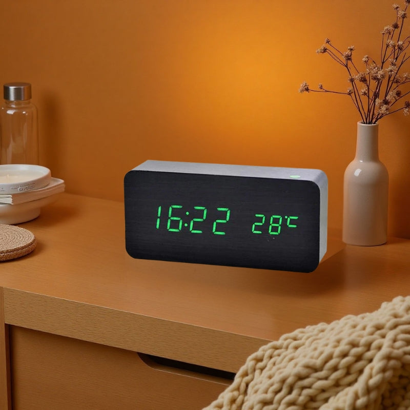 Alarm Clock Wooden Digital with Temperature | LED