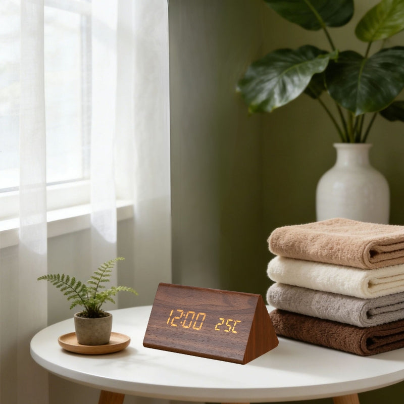 Alarm Clock Wooden Triangle with Temperature | LED