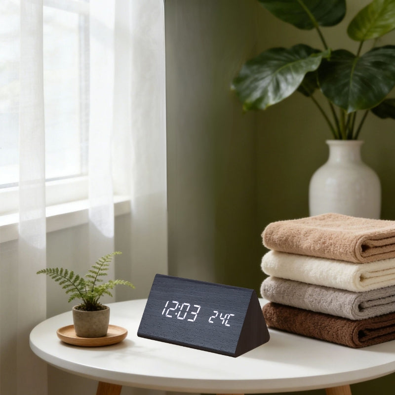 Alarm Clock Wooden Triangle with Temperature | LED